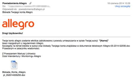 Wygląd wiadomości rozsyłanej przez cyberprzestępców