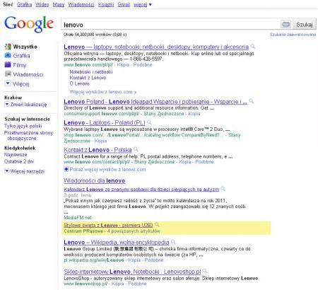 CentrumPR na 6 miejscu w Google z hasłem Lenovo