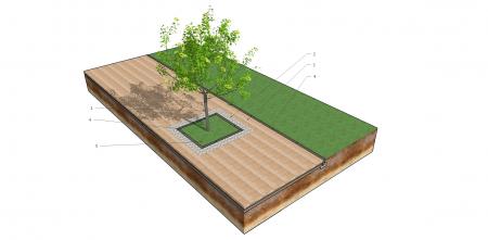 Drzewo na tarasie wykonanym na oryginalnym poziomie terenu.