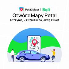 Zamów taksówkę bezpośrednio w Mapach Petal i odbierz 7 zł zniżki na przejazd z Bolt