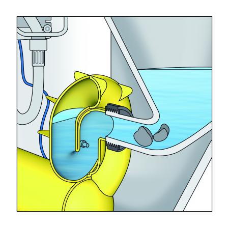 Na podstawie przepływu w syfonie czujnik rozpoznaje potencjalne zatkanie  pisuaru.